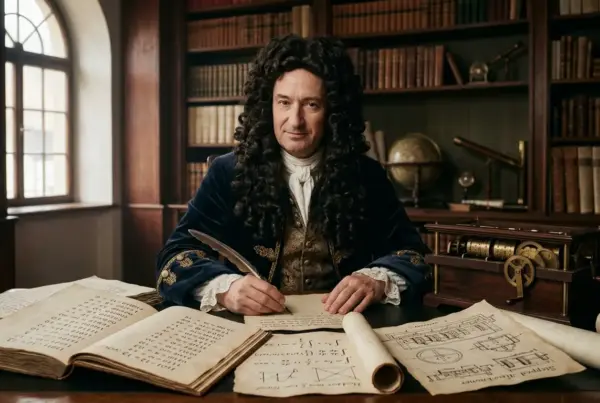 Homem com peruca longa e escura, vestindo trajes de época, escrevendo com uma pena em uma mesa cheia de livros e manuscritos em uma biblioteca.
