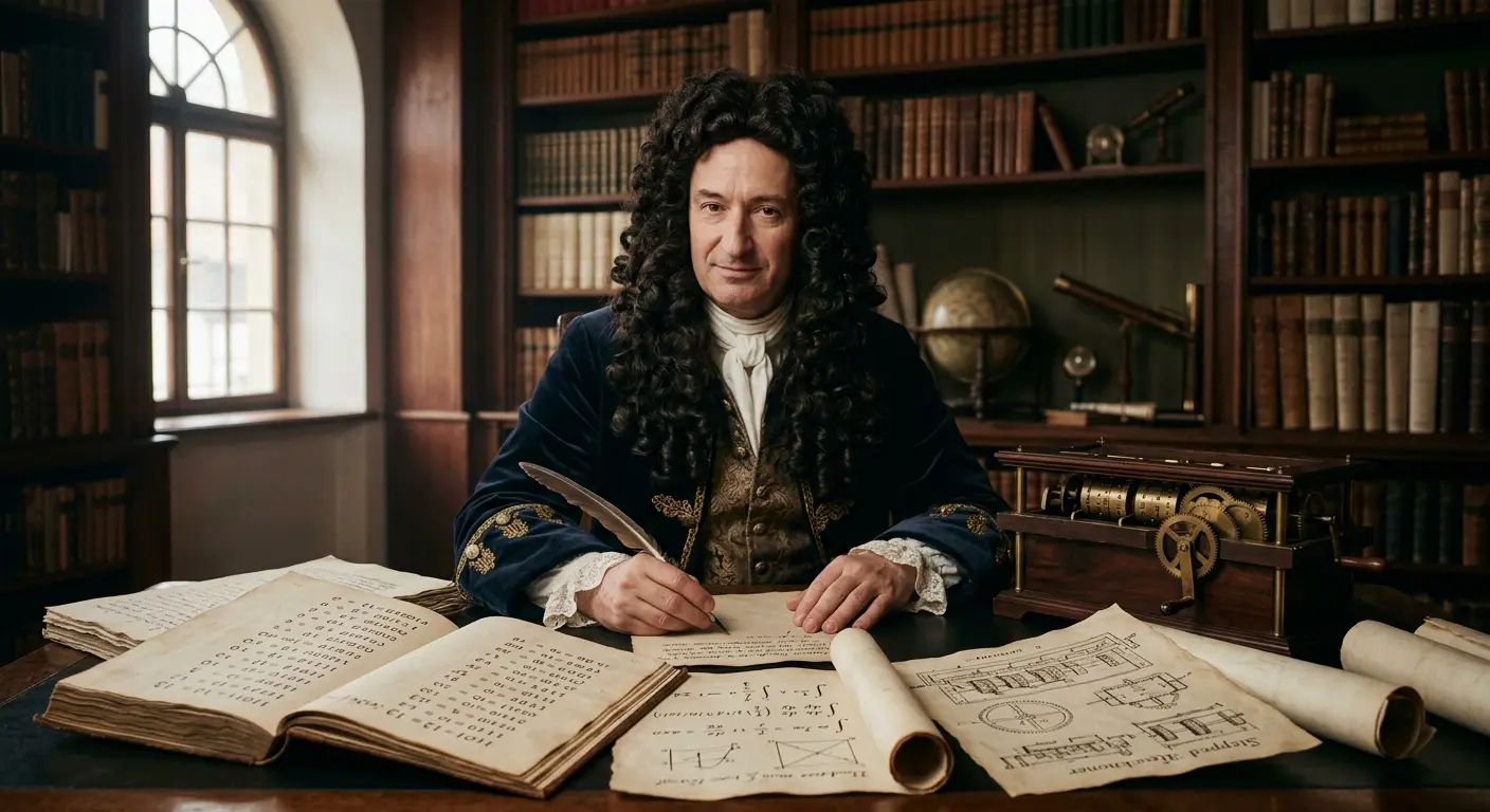 Homem com peruca longa e escura, vestindo trajes de época, escrevendo com uma pena em uma mesa cheia de livros e manuscritos em uma biblioteca.