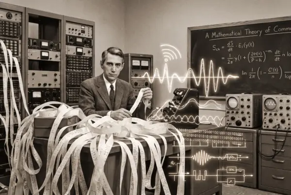 Homem de terno em um laboratório antigo, cercado por fitas de papel, equipamentos eletrônicos e um quadro-negro com equações matemáticas. Gráficos de ondas…
