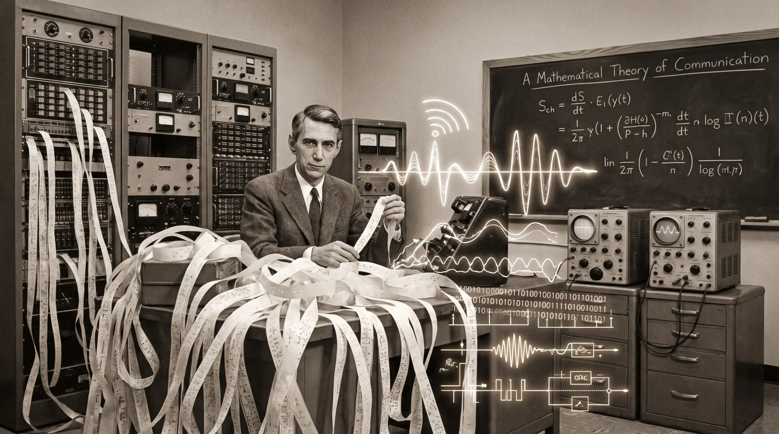 Homem de terno em um laboratório antigo, cercado por fitas de papel, equipamentos eletrônicos e um quadro-negro com equações matemáticas. Gráficos de ondas…