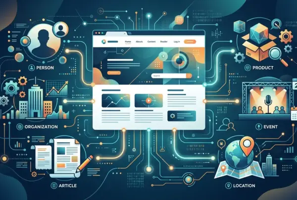 Ilustração digital mostrando um painel central de site conectado por linhas brilhantes a vários ícones que representam pessoa, organização, artigo, produto…