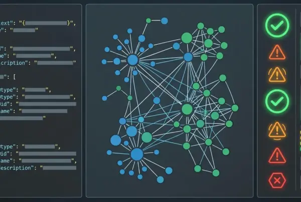 Interface gráfica escura exibindo código à esquerda, um diagrama de rede complexo no centro e indicadores de status à direita.