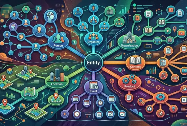 Ilustração de um mapa mental complexo com o nó central 'Entity' ramificando-se em categorias como 'Person', 'Organization', 'Content', 'Product', 'Event' e…