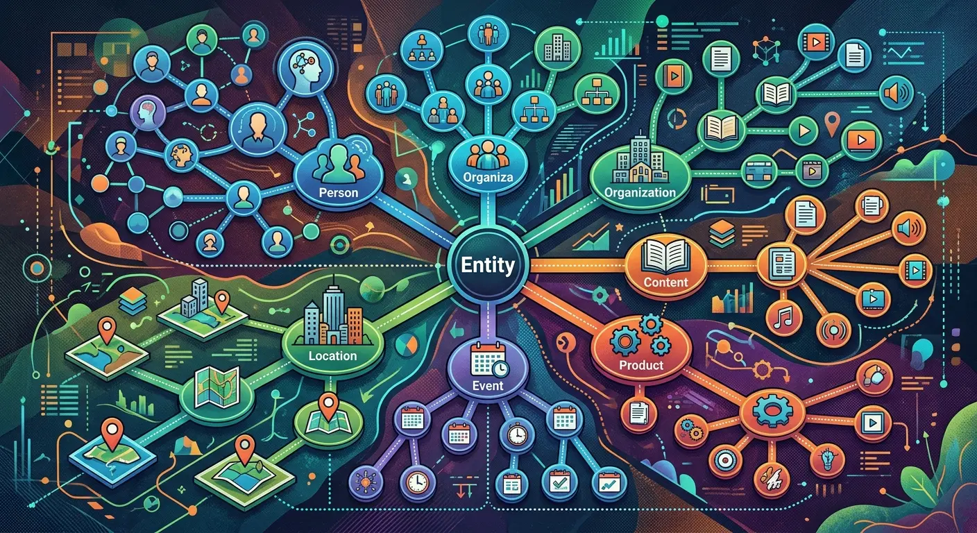 Ilustração de um mapa mental complexo com o nó central 'Entity' ramificando-se em categorias como 'Person', 'Organization', 'Content', 'Product', 'Event' e…