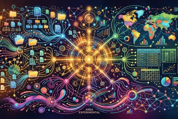 Ilustração abstrata mostrando uma rede complexa de dados, com um núcleo brilhante conectando pastas, gráficos, planilhas e um mapa-múndi colorido.