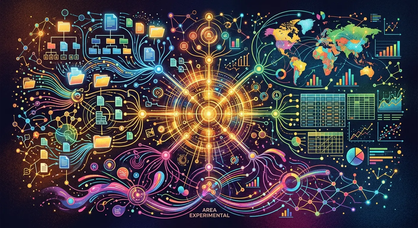Ilustração abstrata mostrando uma rede complexa de dados, com um núcleo brilhante conectando pastas, gráficos, planilhas e um mapa-múndi colorido.