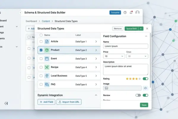Captura de tela de um painel de CMS mostrando a ferramenta 'Schema & Structured Data Builder' com a aba 'Structured Data Types' aberta, exibindo opções como…