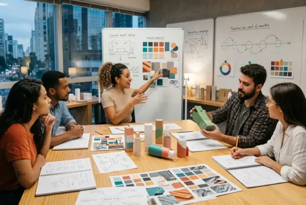 Cinco profissionais reunidos em torno de uma mesa de escritório, discutindo ideias de design com base em um quadro branco e materiais sobre a mesa.