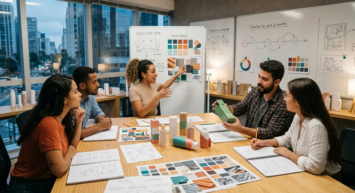 Cinco profissionais reunidos em torno de uma mesa de escritório, discutindo ideias de design com base em um quadro branco e materiais sobre a mesa.