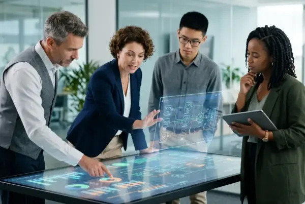 Quatro profissionais em um escritório moderno analisando dados e gráficos em uma mesa com tela holográfica interativa.
