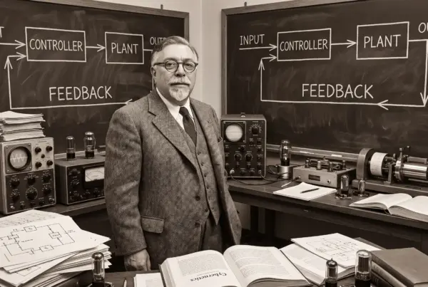 Homem de terno em frente a lousas com diagramas de sistemas de controle, cercado por equipamentos eletrônicos antigos e livros.