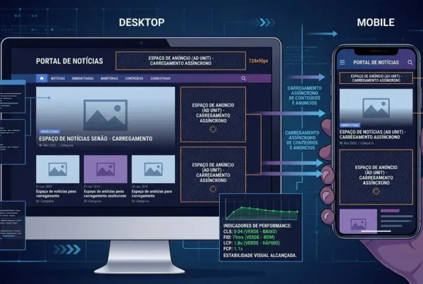 Ilustração mostrando um monitor de computador e um smartphone exibindo um portal de notícias, com setas indicando o carregamento assíncrono de anúncios e…