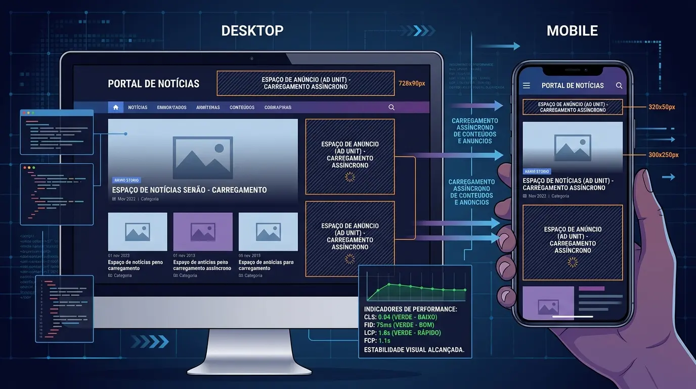 Ilustração mostrando um monitor de computador e um smartphone exibindo um portal de notícias, com setas indicando o carregamento assíncrono de anúncios e…