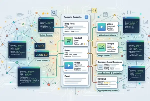 Ilustração de um diagrama mostrando como diferentes tipos de schema markup (como Artigo, Produto, Vídeo, Receita) se conectam aos resultados de pesquisa.