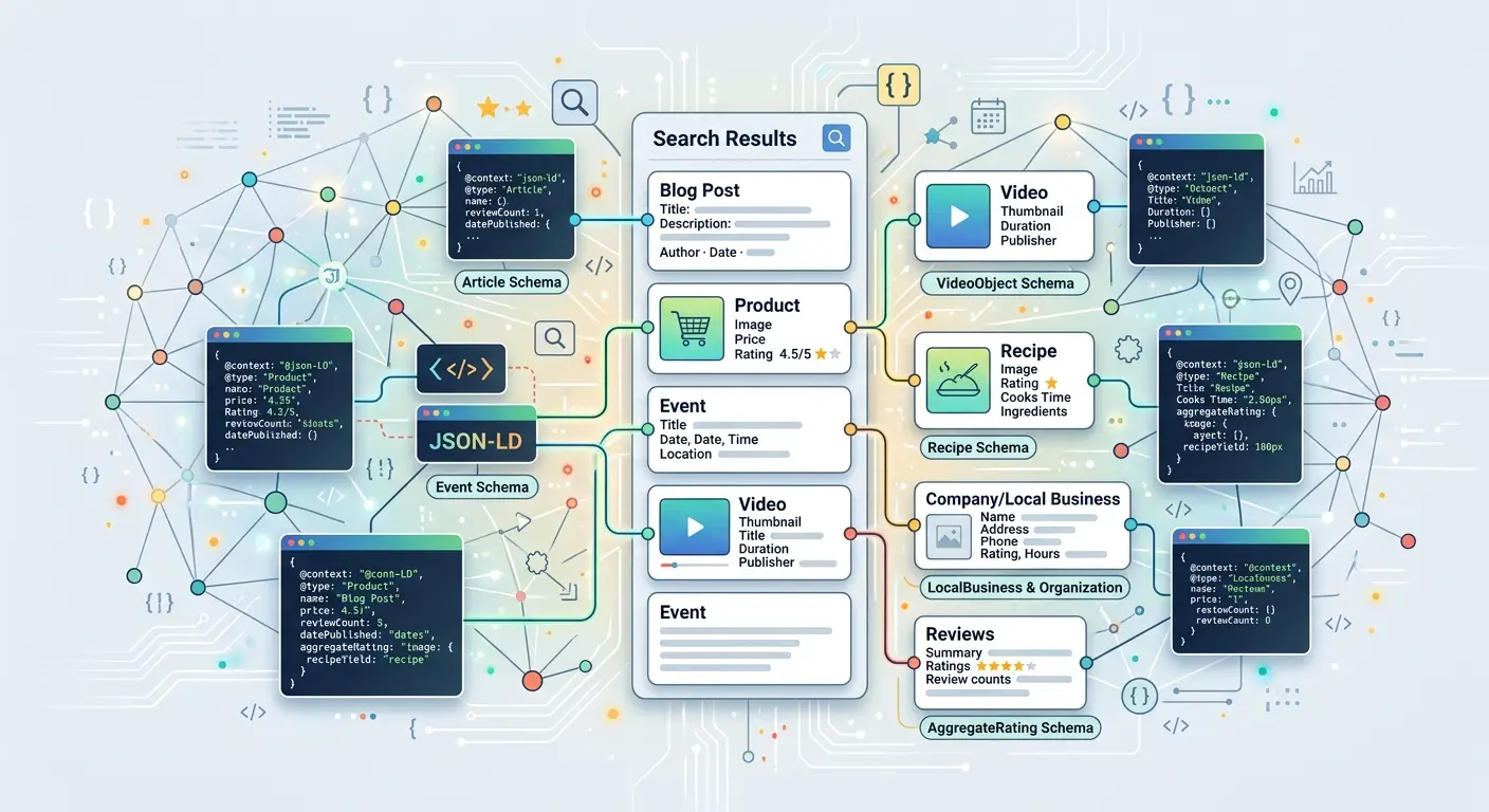 Ilustração de um diagrama mostrando como diferentes tipos de schema markup (como Artigo, Produto, Vídeo, Receita) se conectam aos resultados de pesquisa.