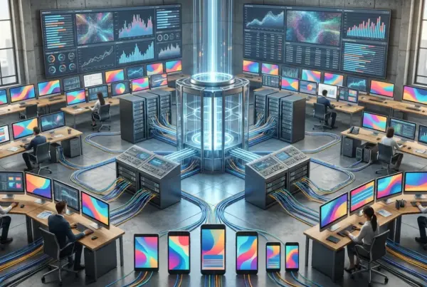 Vista panorâmica de um centro de operações de TI com servidores centrais iluminados, cabos conectados a estações de trabalho e analistas monitorando telas.