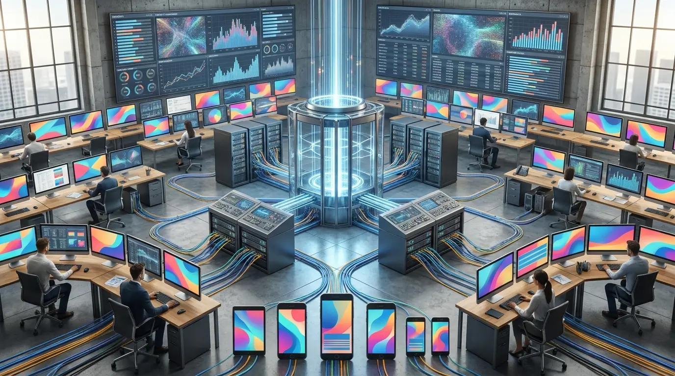 Vista panorâmica de um centro de operações de TI com servidores centrais iluminados, cabos conectados a estações de trabalho e analistas monitorando telas.