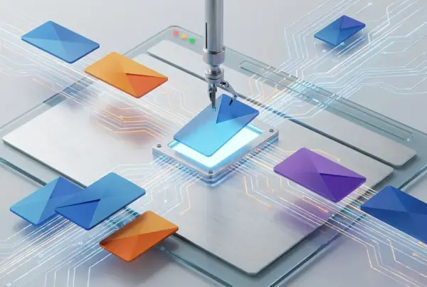 Ilustracao 3D de um braco robotico manipulando icones de envelopes coloridos sobre uma placa de circuito eletronico.