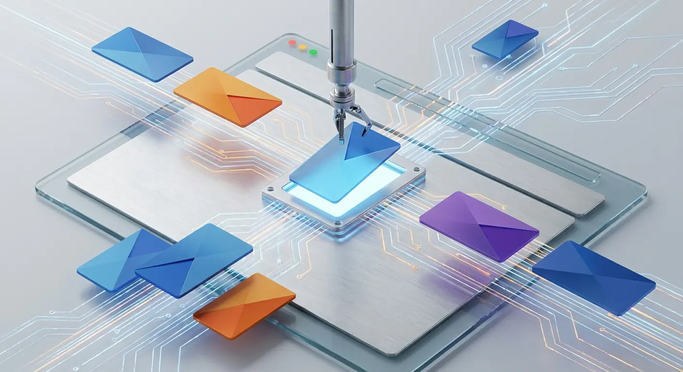 Ilustracao 3D de um braco robotico manipulando icones de envelopes coloridos sobre uma placa de circuito eletronico.