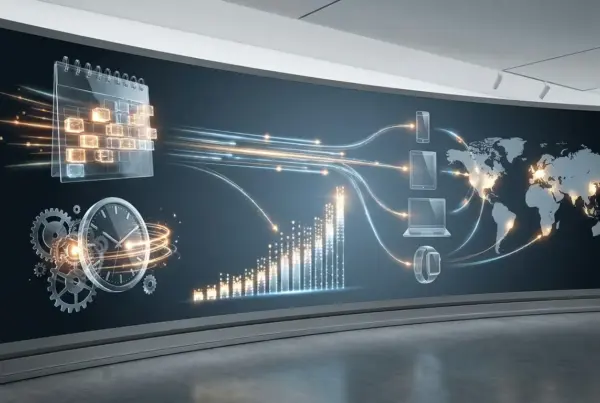 Grande tela curva exibindo gráficos digitais de produtividade, dispositivos conectados, relógio, calendário e mapa múndi.