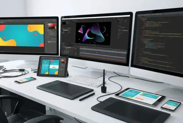 Mesa de trabalho moderna com três monitores exibindo softwares de design gráfico, edição de vídeo e programação, acompanhados de tablets e mesas…