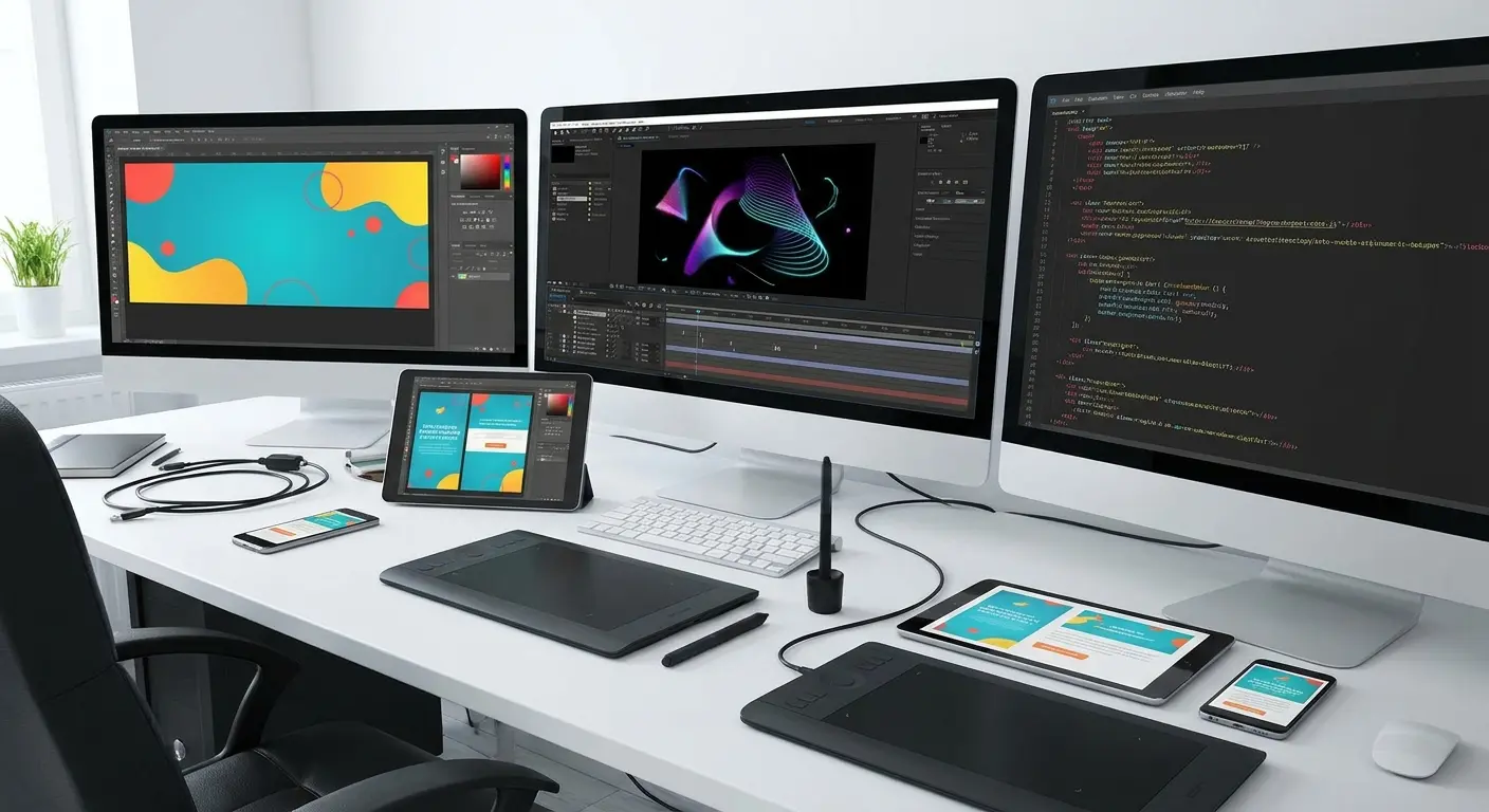 Mesa de trabalho moderna com três monitores exibindo softwares de design gráfico, edição de vídeo e programação, acompanhados de tablets e mesas…