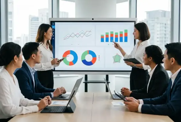 Grupo de profissionais de negocios reunido em sala de conferencia moderna analisando graficos e metricas em uma tela digital interativa.