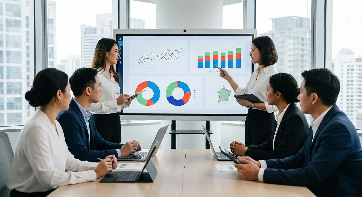 Grupo de profissionais de negocios reunido em sala de conferencia moderna analisando graficos e metricas em uma tela digital interativa.