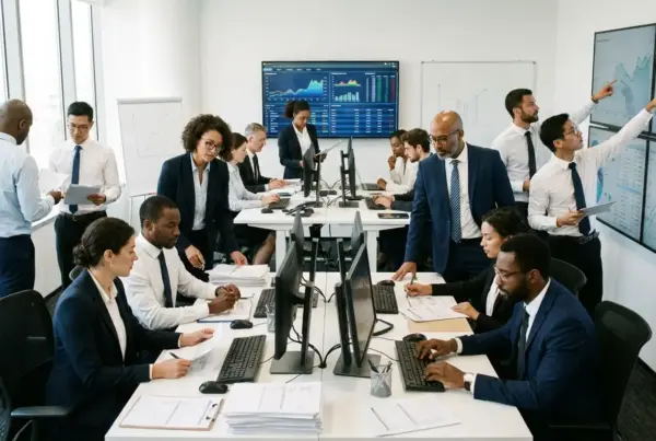 Grupo de profissionais de negócios trabalhando em computadores e analisando gráficos financeiros em telas grandes em um escritório moderno.