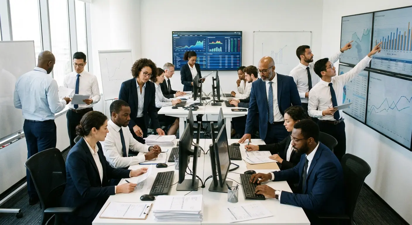 Grupo de profissionais de negócios trabalhando em computadores e analisando gráficos financeiros em telas grandes em um escritório moderno.