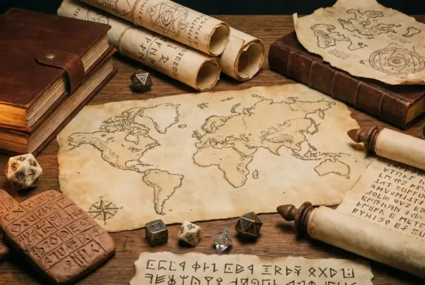 Mesa de madeira com mapa múndi antigo em pergaminho, dados de RPG multifacetados, livros em couro, tábuas rúnicas e velas acesas.