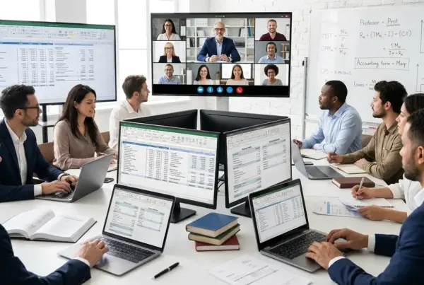 Equipe de profissionais em sala de reunião analisando planilhas financeiras em computadores enquanto interagem por videoconferência com participantes remotos…