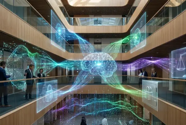 Ambiente corporativo moderno com projeções holográficas de cérebro digital, segurança e balança da justiça.