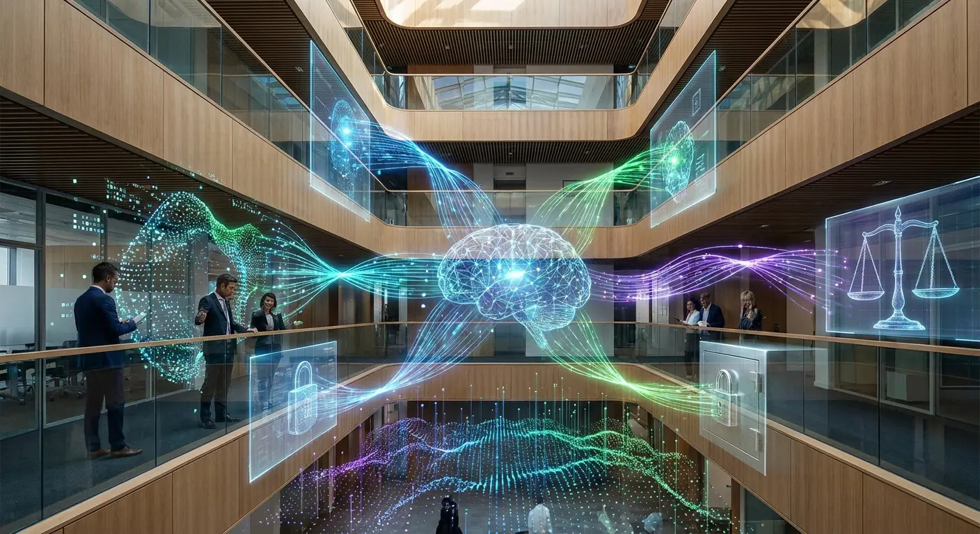 Ambiente corporativo moderno com projeções holográficas de cérebro digital, segurança e balança da justiça.