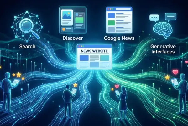 Ilustração digital em tons de azul e verde mostrando um portal de notícias conectado a canais como busca, discover, notícias e interfaces generativas, com…