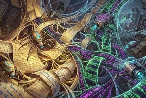 Ilustracao artistica de robos em formato de aranhas rastejando sobre manuscritos antigos marcados como origem humana e fitas digitais brilhantes de codigo…