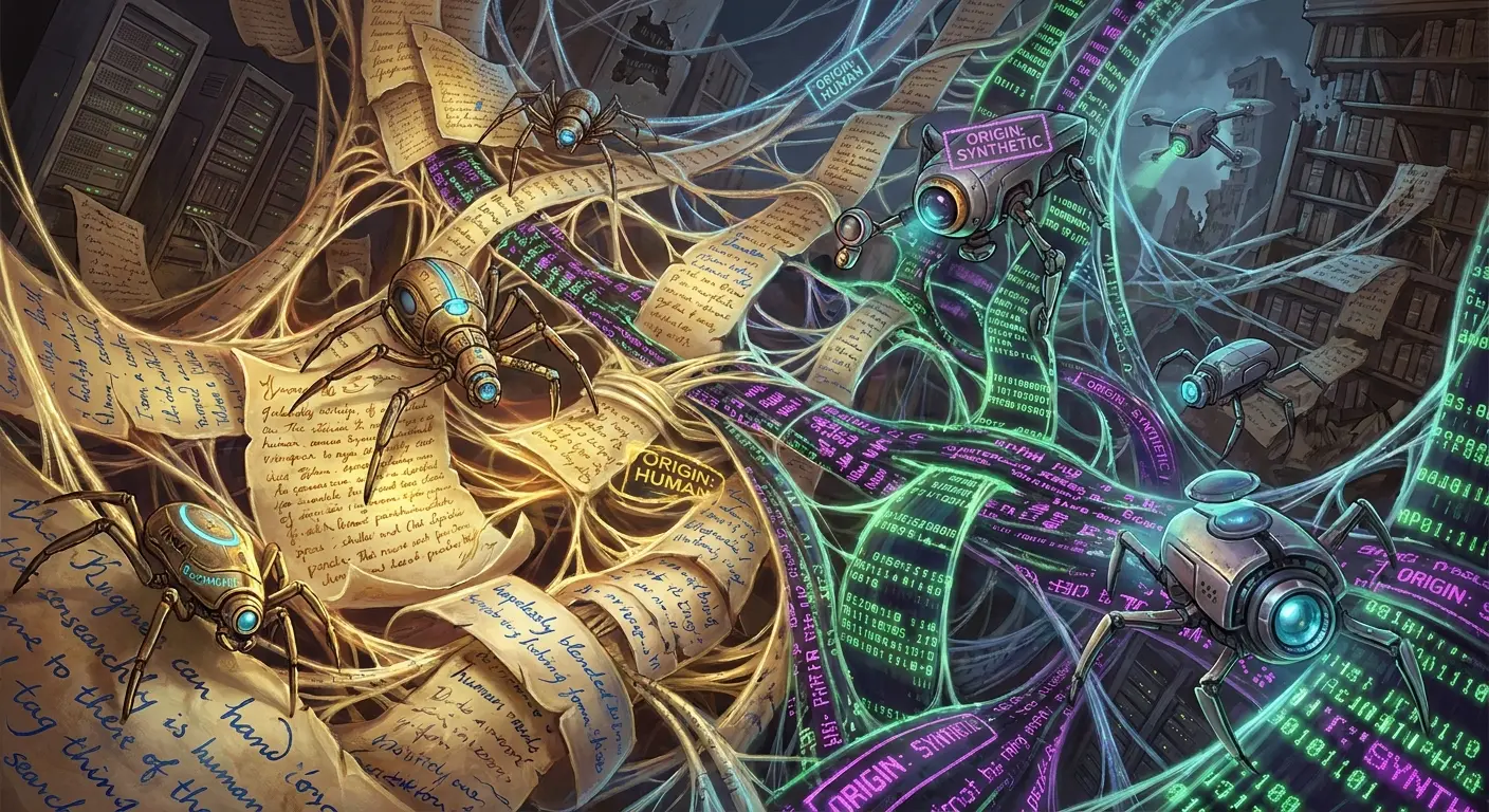 Ilustracao artistica de robos em formato de aranhas rastejando sobre manuscritos antigos marcados como origem humana e fitas digitais brilhantes de codigo…