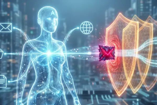 Ilustração digital de figura holográfica conectada a dados e protegida por escudos cibernéticos contra ameaças virtuais.