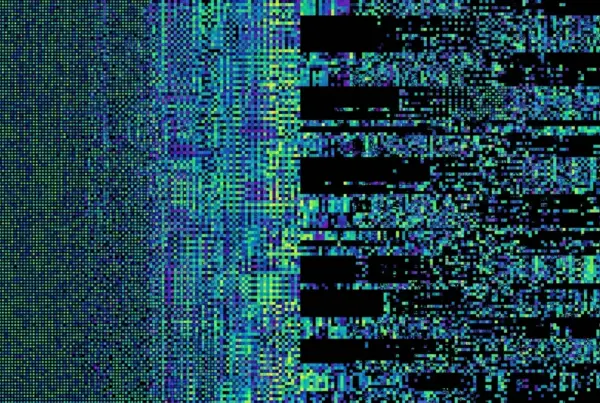 Imagem abstrata com efeito de glitch digital, ruído de pixels e faixas horizontais em tons de verde, azul e preto.