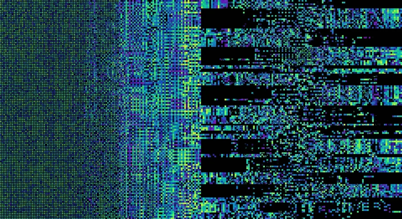 Imagem abstrata com efeito de glitch digital, ruído de pixels e faixas horizontais em tons de verde, azul e preto.