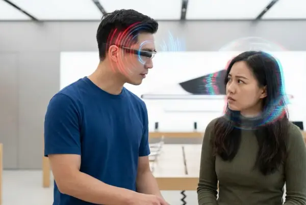 Homem usando óculos inteligentes com gráficos de ondas sonoras coloridas ao redor da cabeça, ao lado de uma mulher em uma loja de tecnologia.