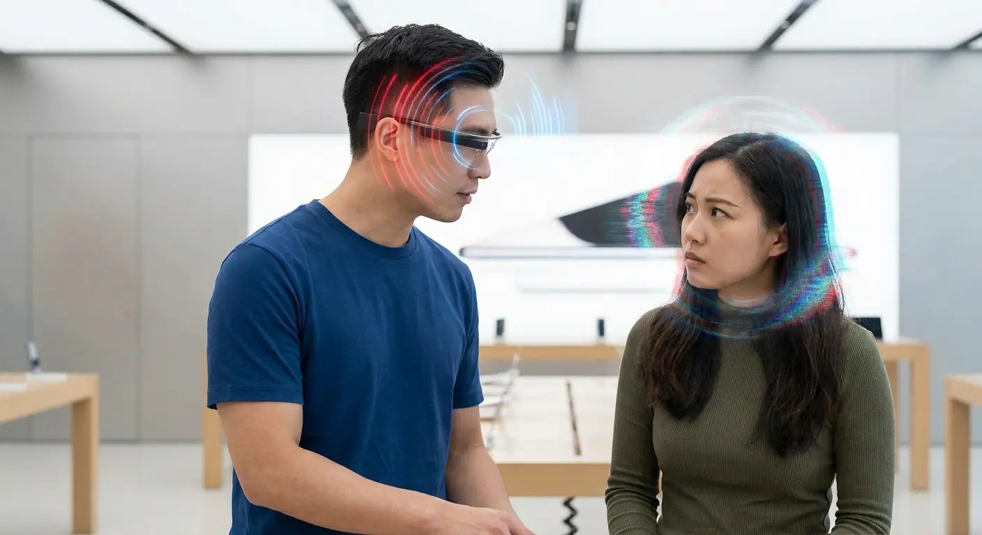 Homem usando óculos inteligentes com gráficos de ondas sonoras coloridas ao redor da cabeça, ao lado de uma mulher em uma loja de tecnologia.