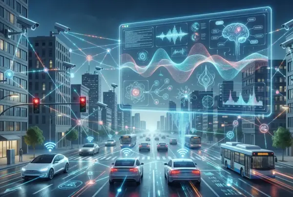 Ilustração de carros e ônibus em uma avenida urbana com linhas de conexão digitais, câmeras de segurança e um painel holográfico de análise de dados.
