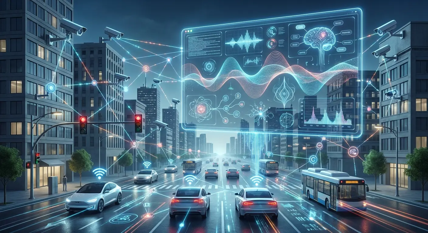 Ilustração de carros e ônibus em uma avenida urbana com linhas de conexão digitais, câmeras de segurança e um painel holográfico de análise de dados.