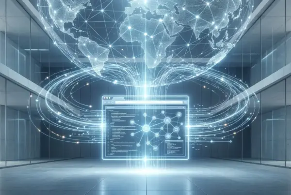 Interface digital luminosa no centro de uma sala moderna conectada por feixes de luz a um globo terrestre holográfico.