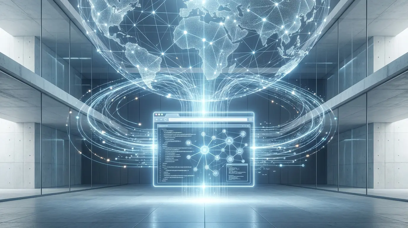 Interface digital luminosa no centro de uma sala moderna conectada por feixes de luz a um globo terrestre holográfico.