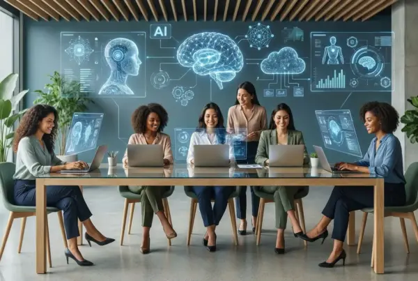 Grupo de mulheres profissionais sentadas ao redor de uma mesa com notebooks e projeções holográficas de inteligência artificial ao fundo