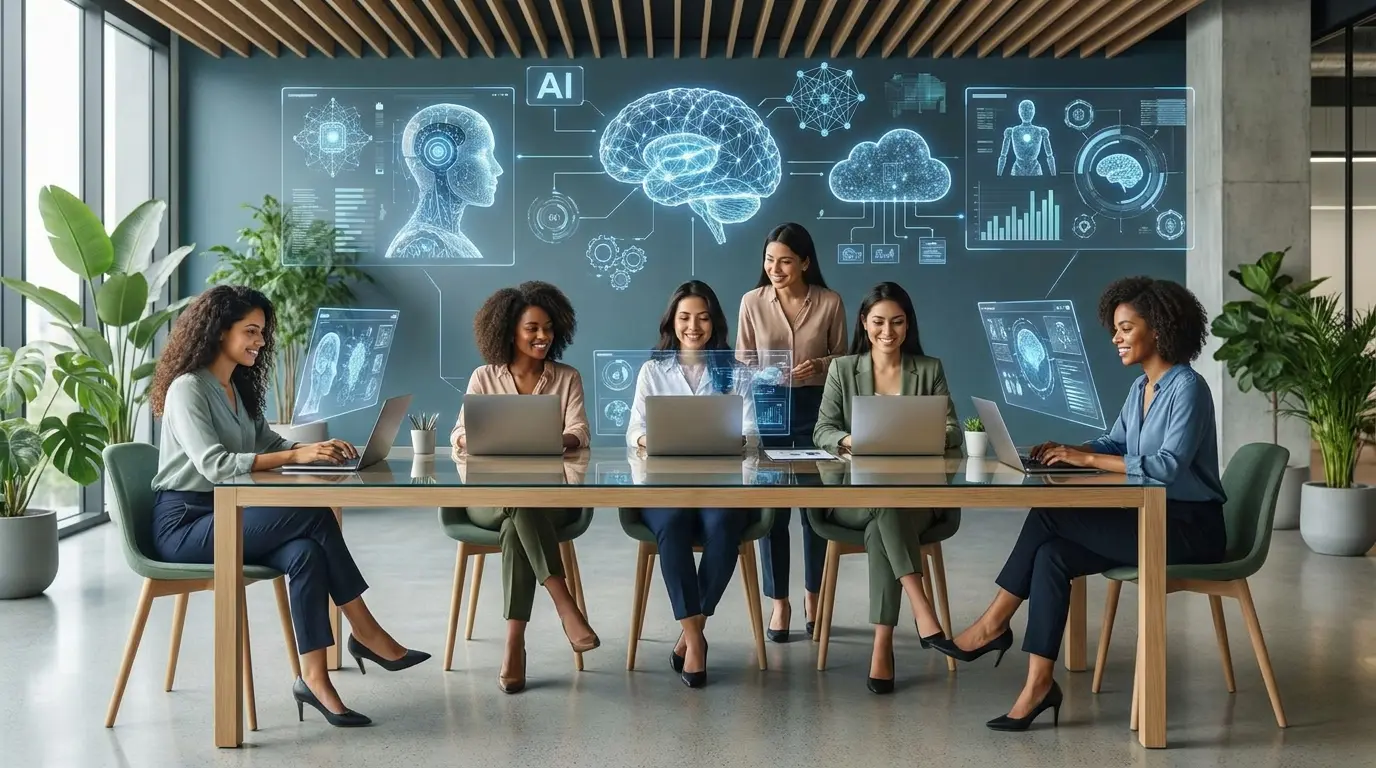 Grupo de mulheres profissionais sentadas ao redor de uma mesa com notebooks e projeções holográficas de inteligência artificial ao fundo