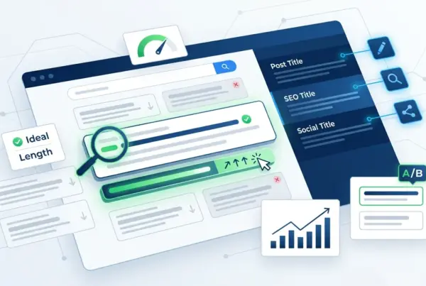 Ilustracao de interface conceitual para otimizacao de titulos de postagens com indicadores de desempenho e testes AB.