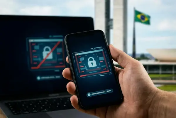 Mão segurando smartphone com tela de segurança digital e ícone de cadeado, com notebook e o Congresso Nacional ao fundo.